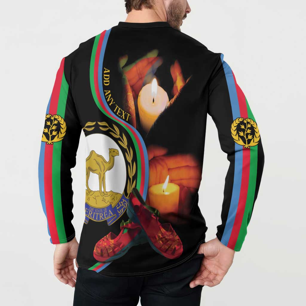 Black button henley sweatshirt with 'Eritrea' badge and candles in wreath on back