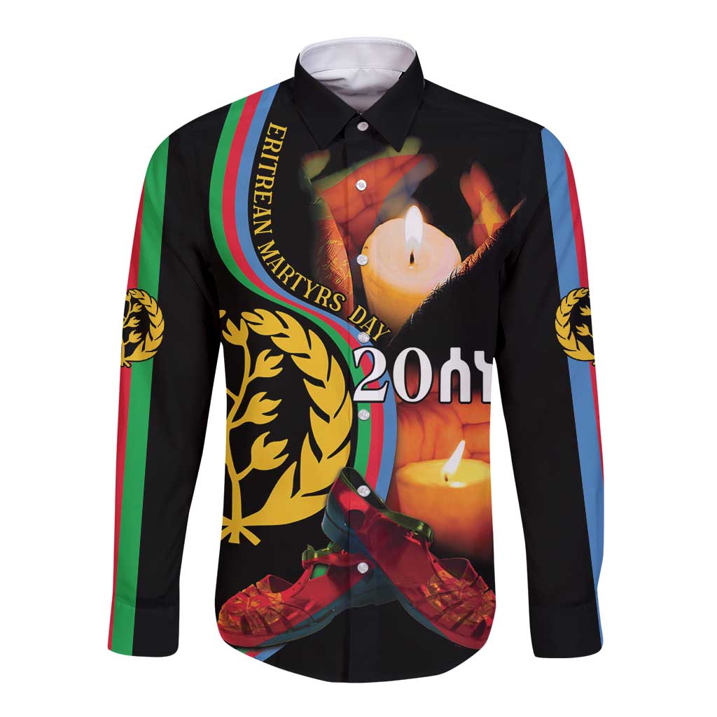 Black button-up long-sleeve shirt with front graphic of candles, laurel, and red/green band