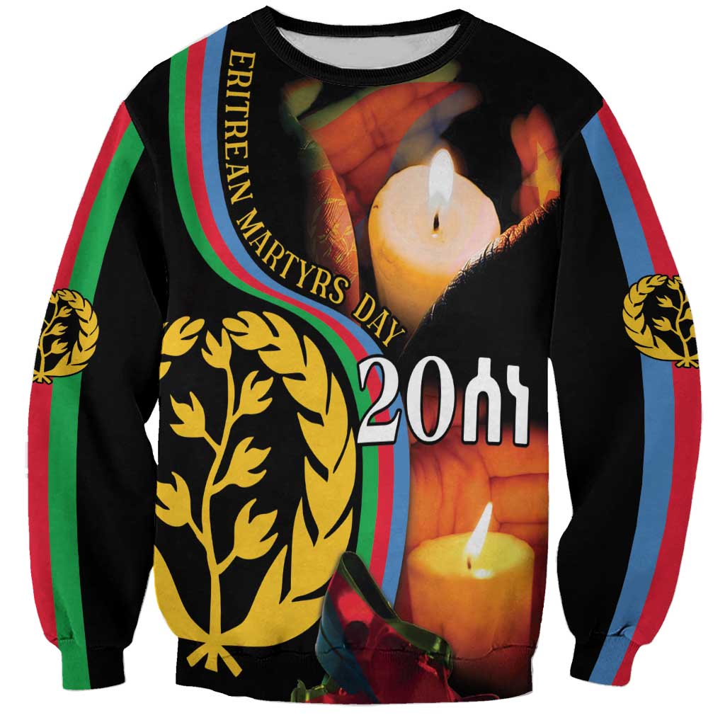 Black unisex sweatshirt with candle graphic, multicolor ribbon and laurel emblem, 20th print