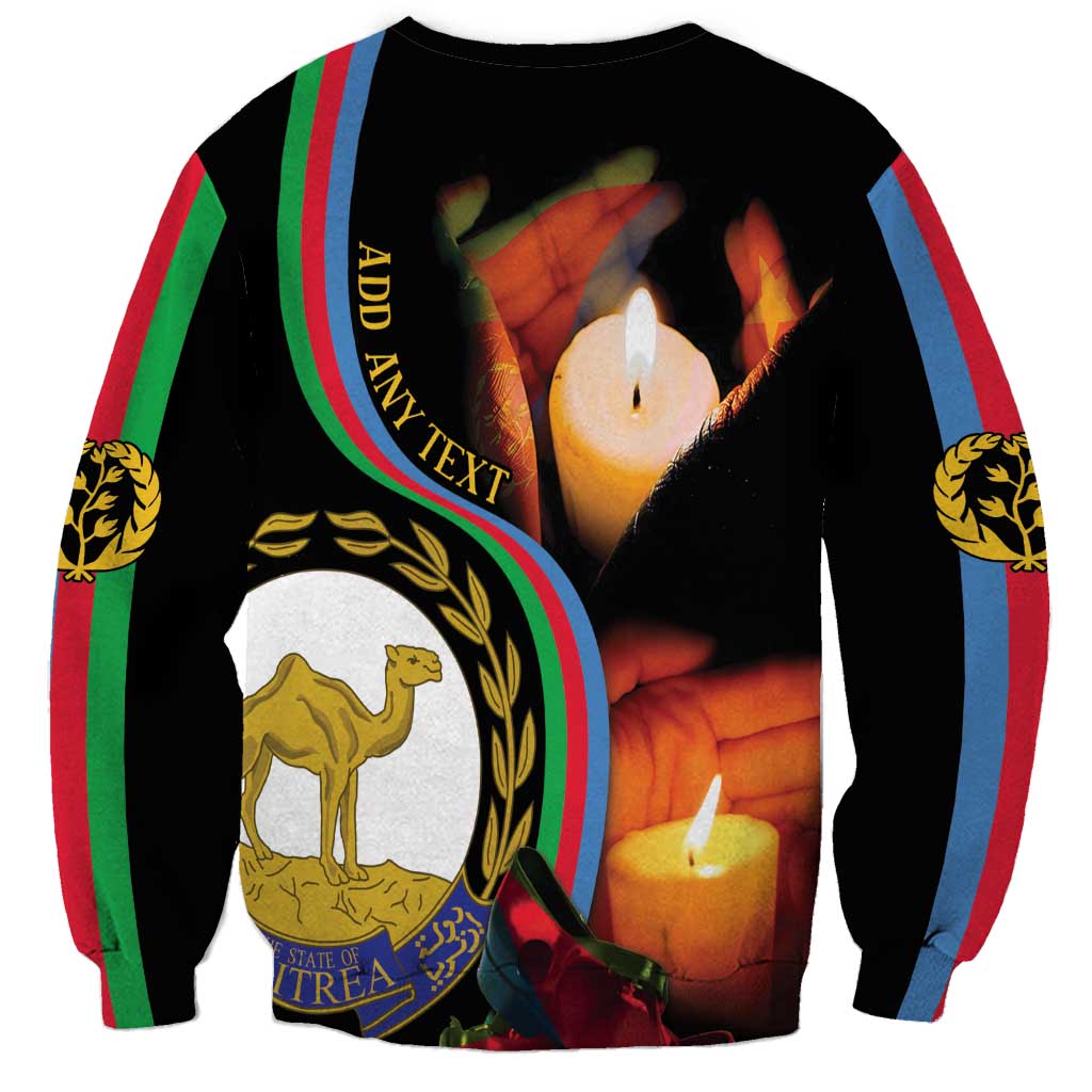 Black unisex sweatshirt with candle graphic, multicolor stripe, laurel sleeve prints and crest