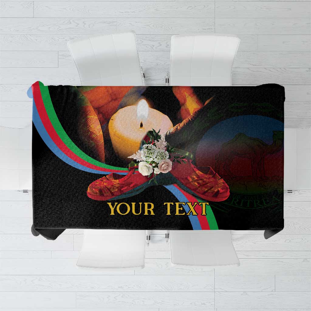 Black personalized tablecloth with colorful stripe and memorial figure print
