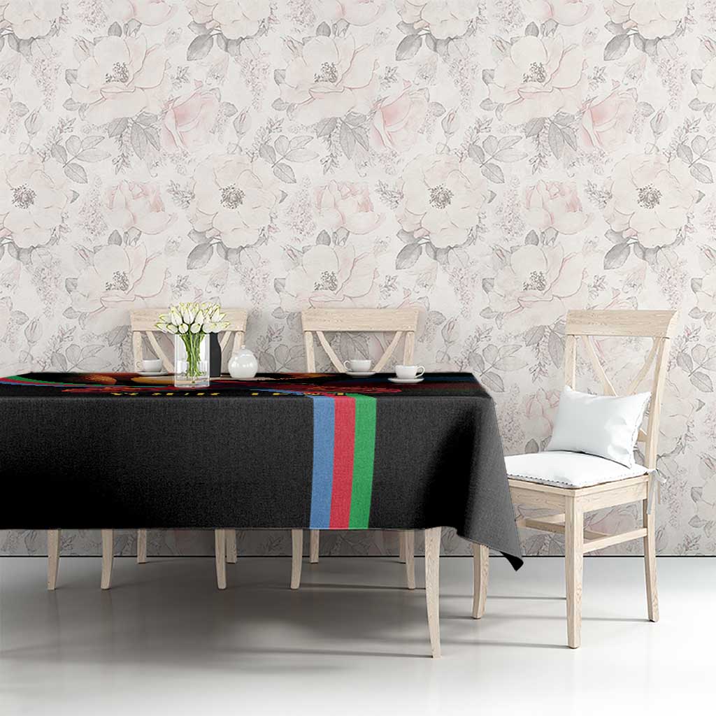 Black personalized tablecloth with colorful stripe and memorial art pattern