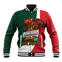 Unisex green personalized baseball jacket with red sleeves, striped rib trim, front graphic