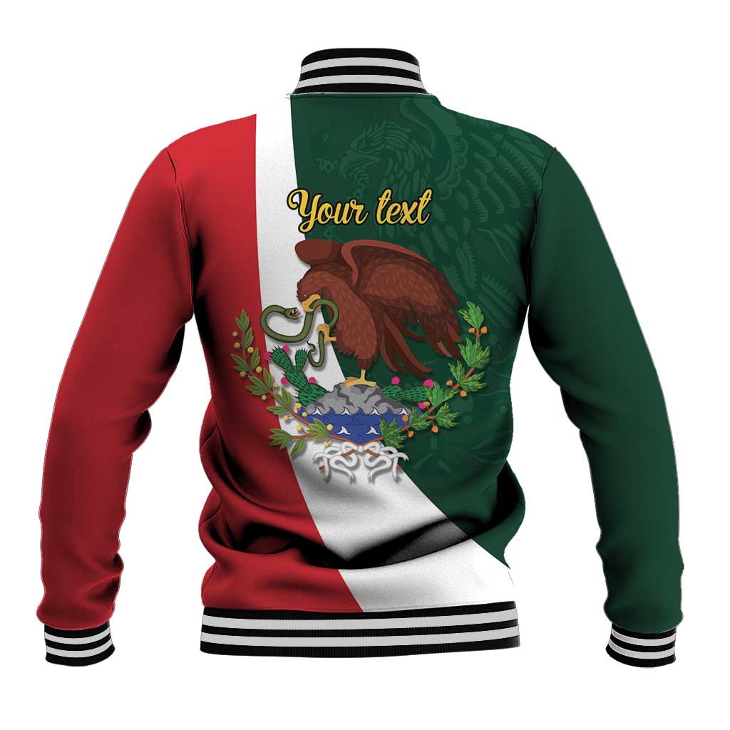 Unisex green personalized baseball jacket with red sleeves, back graphic and 'Your text'