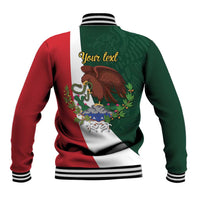 Unisex green personalized baseball jacket with red sleeves, back graphic and 'Your text'
