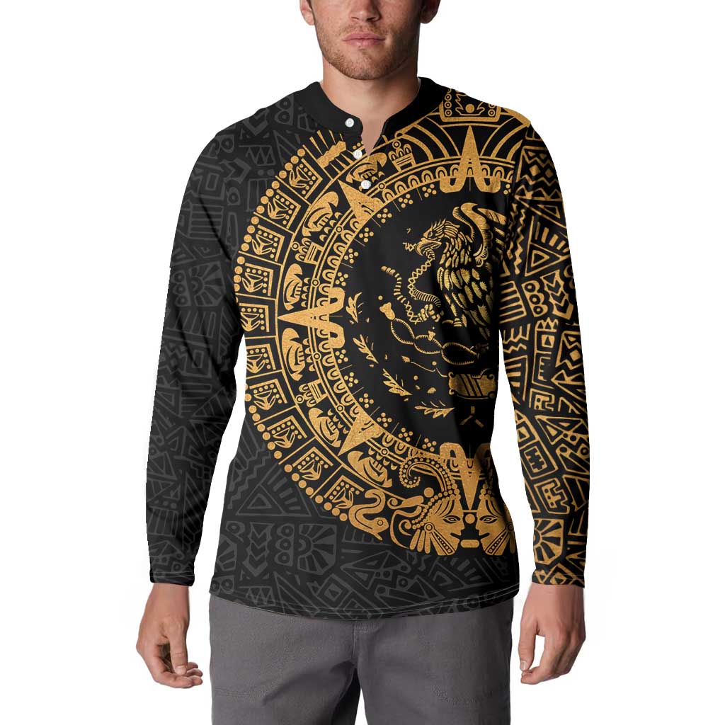 Mexican Aztec Button Sweatshirt Golden Coat of Arm - Wonder Print Shop