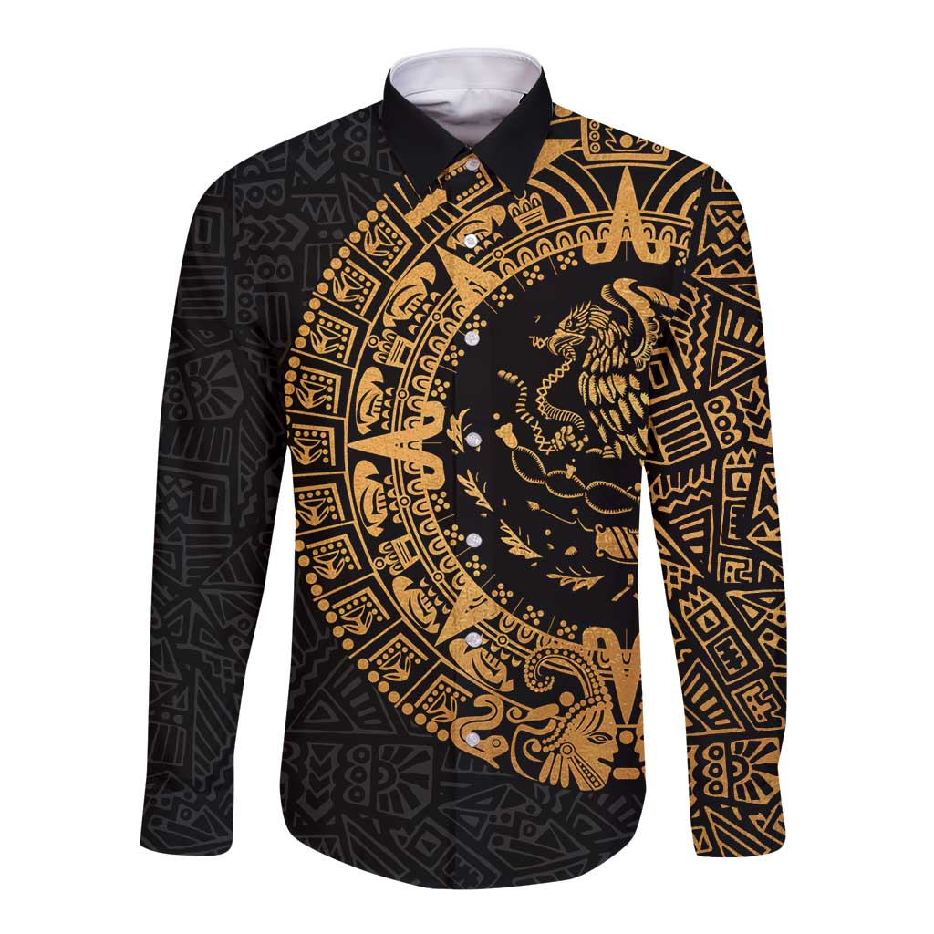 Mexican Aztec Long Sleeve Button Shirt Golden Coat of Arm - Wonder Print Shop