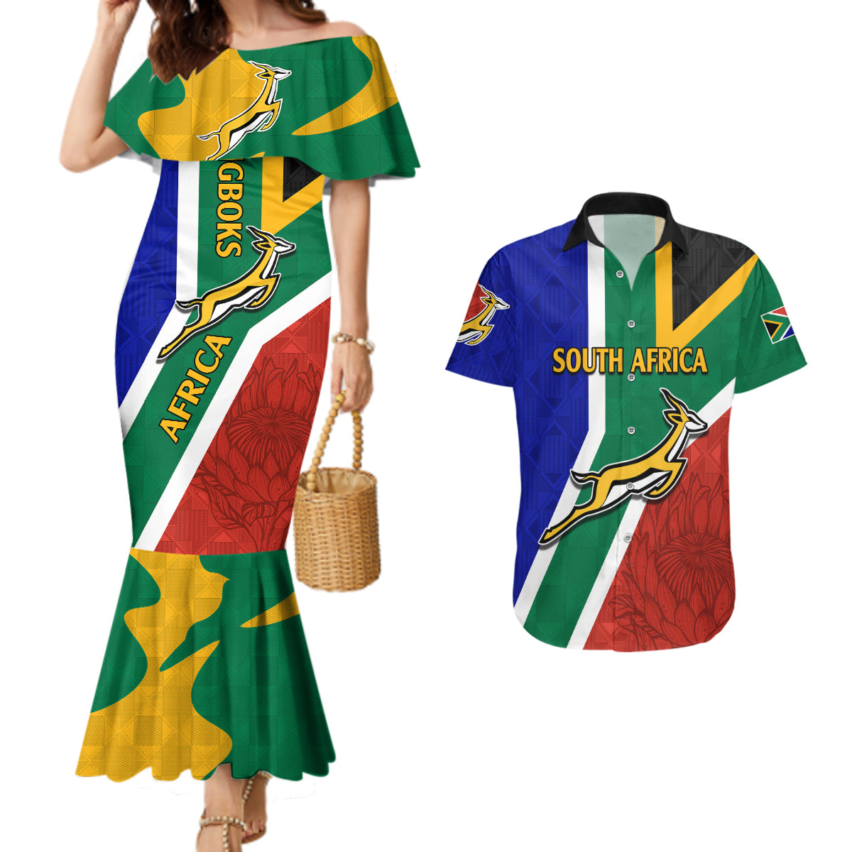 South Africa Springboks Couples Matching Mermaid Dress And Hawaiian Shirt with Kente Pattern and South African Flag LT9 - Wonder Print Shop