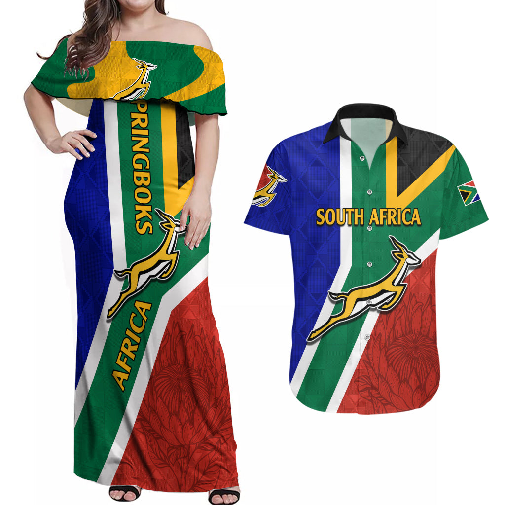 South Africa Springboks Couples Matching Off Shoulder Maxi Dress and Hawaiian Shirt with Kente Pattern and South African Flag LT9 - Wonder Print Shop