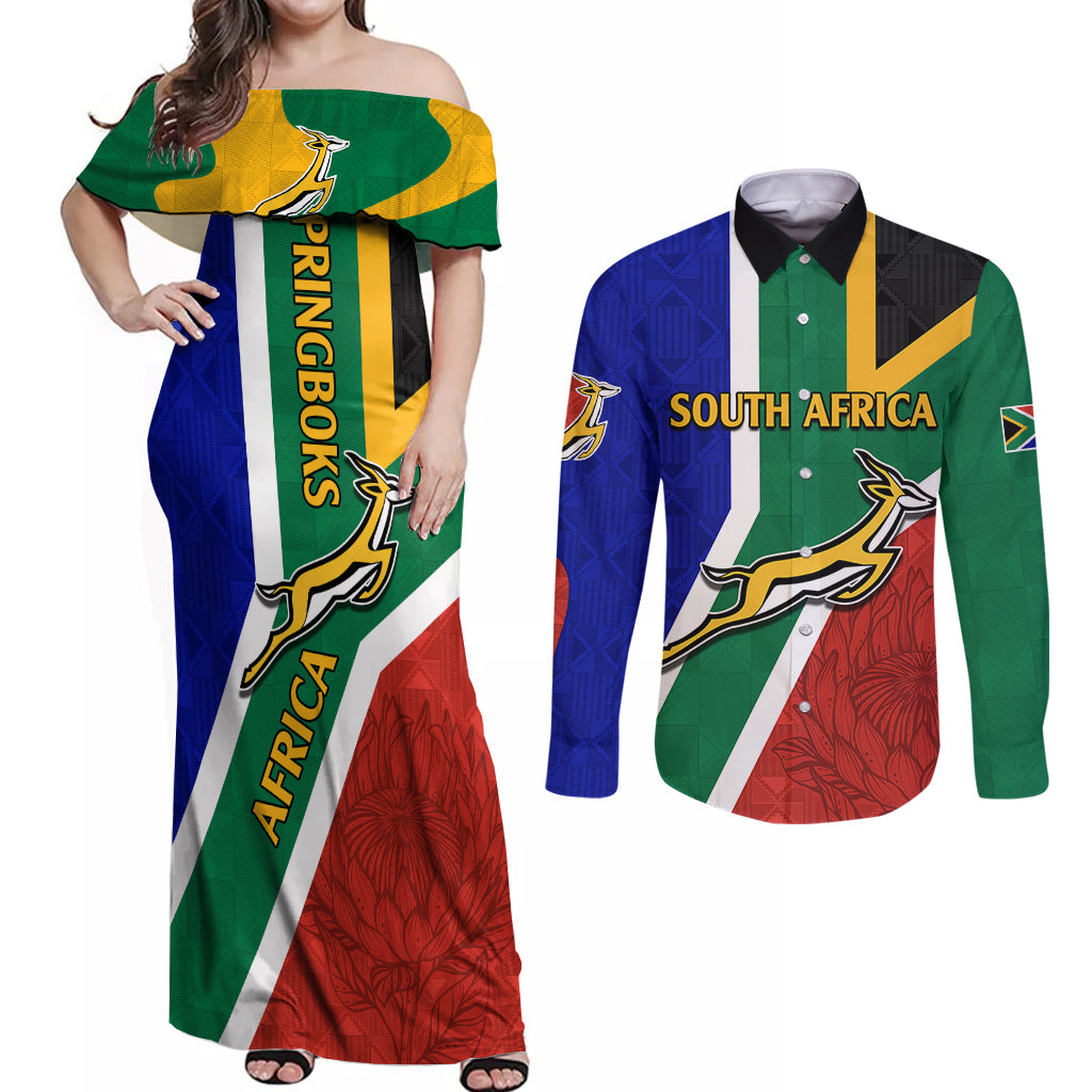 South Africa Springboks Couples Matching Off Shoulder Maxi Dress and Long Sleeve Button Shirts with Kente Pattern and South African Flag LT9 - Wonder Print Shop