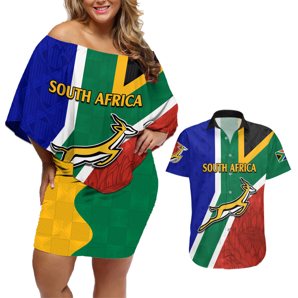 South Africa Springboks Couples Matching Off Shoulder Short Dress and Hawaiian Shirt with Kente Pattern and South African Flag LT9 - Wonder Print Shop