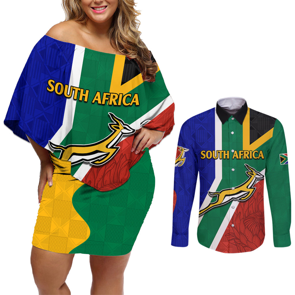 South Africa Springboks Couples Matching Off Shoulder Short Dress and Long Sleeve Button Shirts with Kente Pattern and South African Flag LT9 - Wonder Print Shop