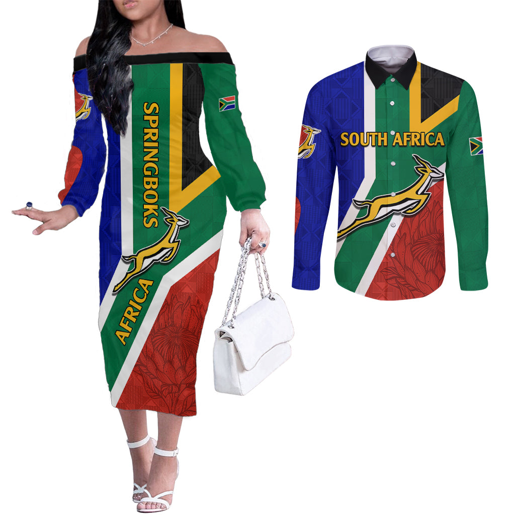 south-africa-springboks-couples-matching-off-the-shoulder-long-sleeve-dress-and-long-sleeve-button-shirts-with-kente-pattern-and-south-african-flag