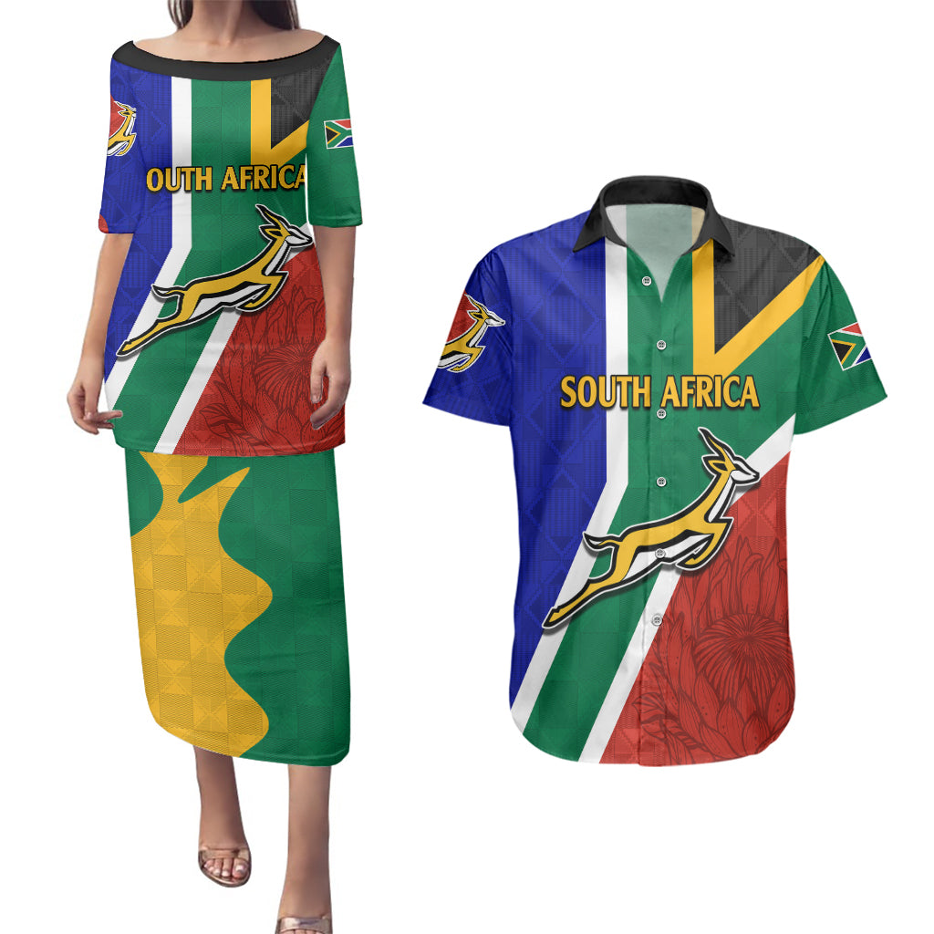 South Africa Springboks Couples Matching Puletasi Dress and Hawaiian Shirt with Kente Pattern and South African Flag LT9 - Wonder Print Shop