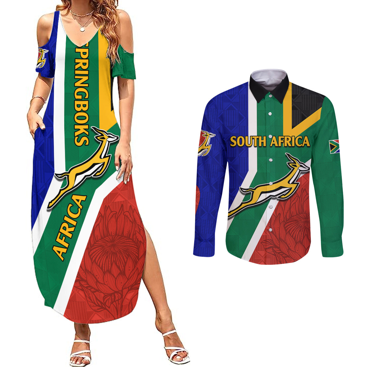 South Africa Springboks Couples Matching Summer Maxi Dress and Long Sleeve Button Shirts with Kente Pattern and South African Flag LT9 - Wonder Print Shop