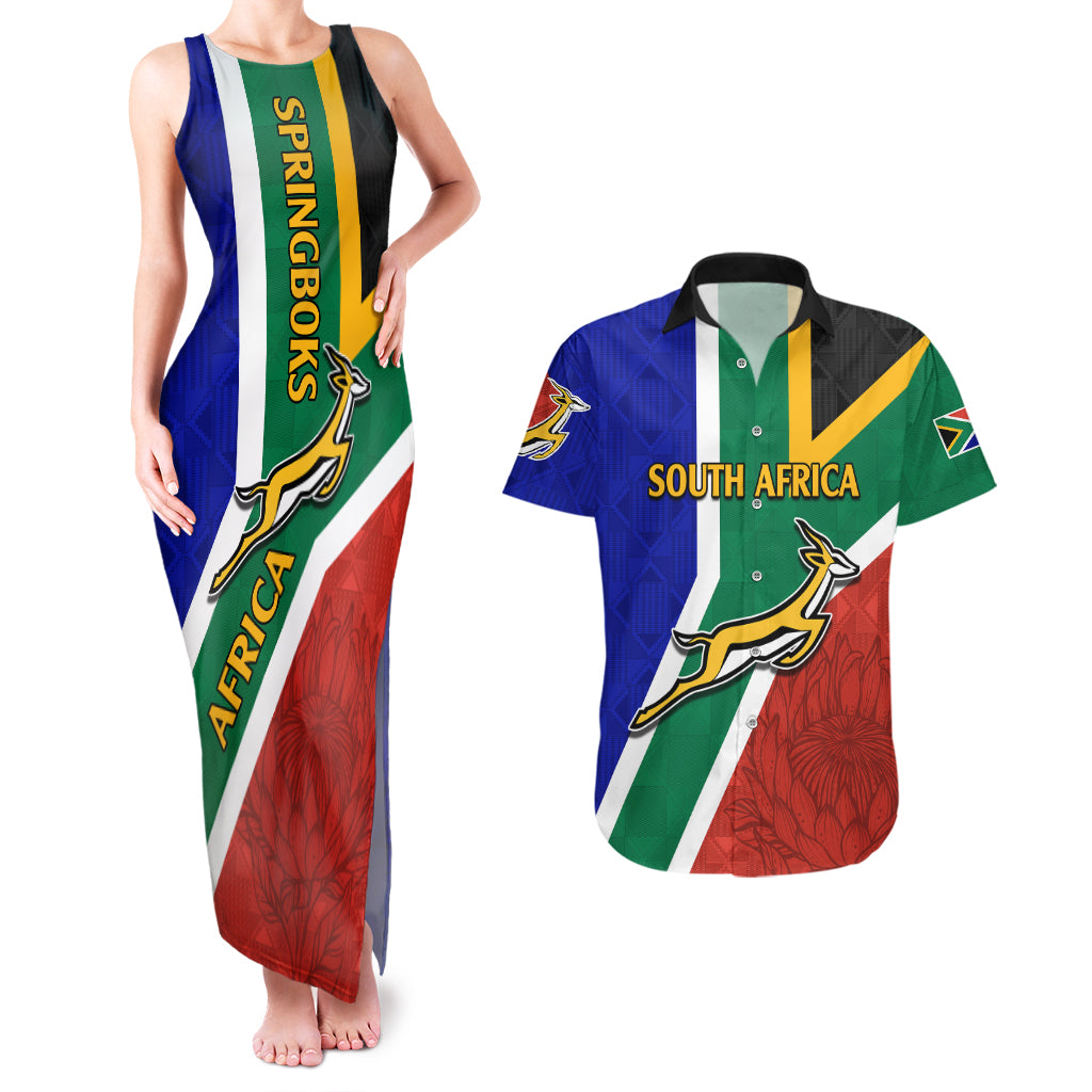 South Africa Springboks Couples Matching Tank Maxi Dress And Hawaiian Shirt with Kente Pattern and South African Flag LT9 - Wonder Print Shop