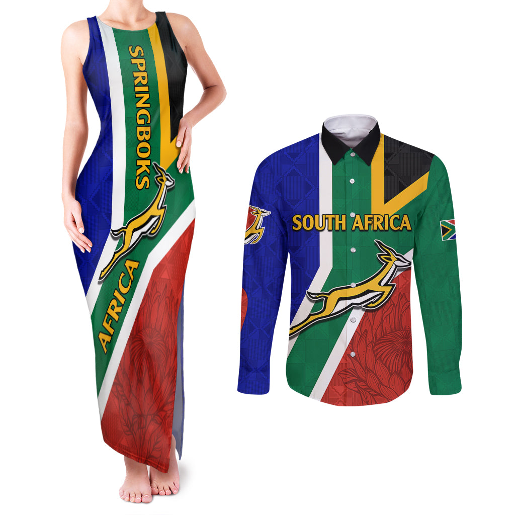 South Africa Springboks Couples Matching Tank Maxi Dress and Long Sleeve Button Shirts with Kente Pattern and South African Flag LT9 - Wonder Print Shop