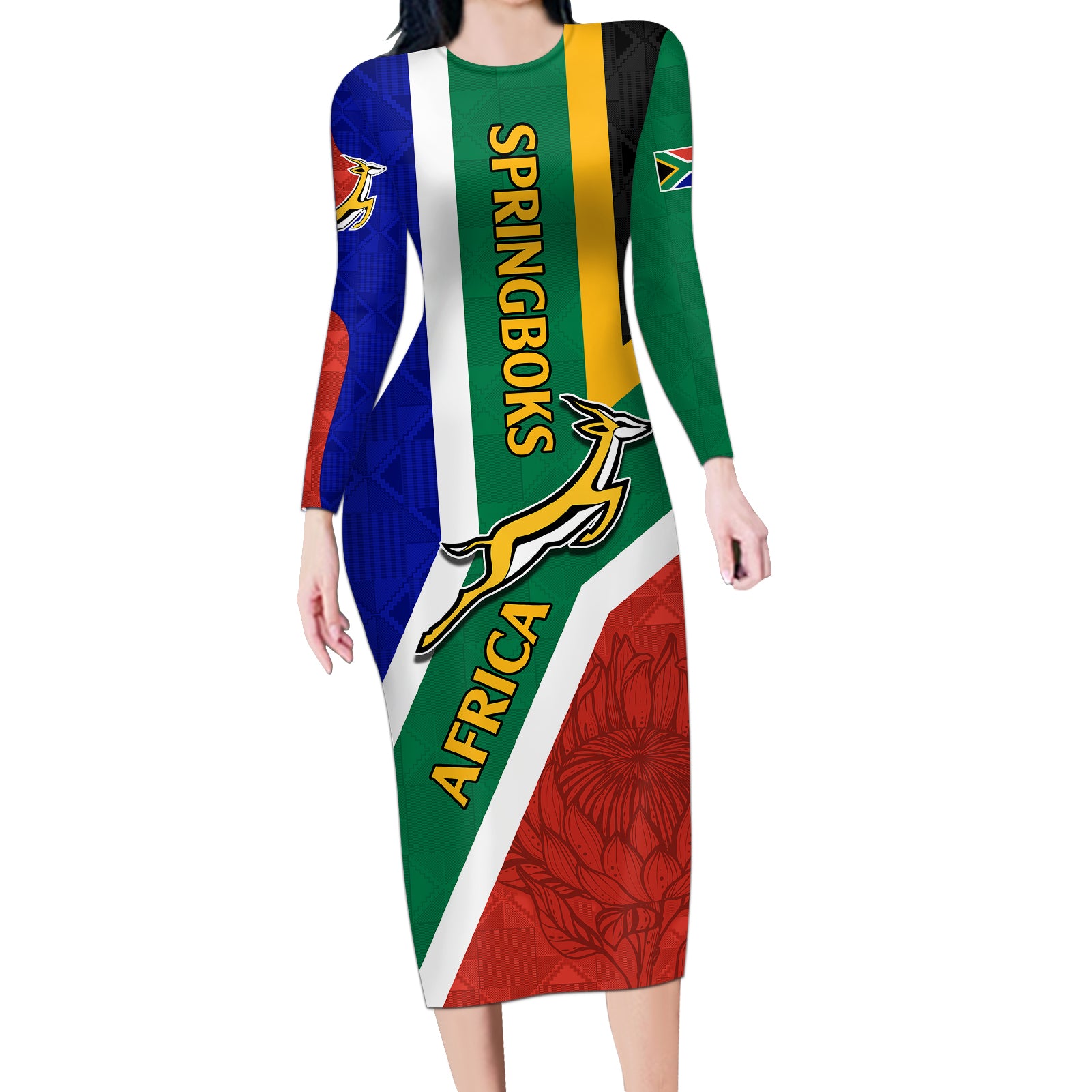 South Africa Springboks Long Sleeve Bodycon Dress with Kente Pattern and South African Flag - Wonder Print Shop