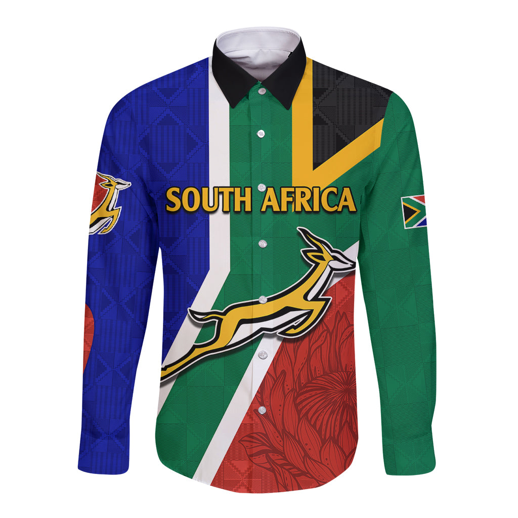 Green long sleeve button shirt with South Africa flag graphic, SOUTH AFRICA text and logo