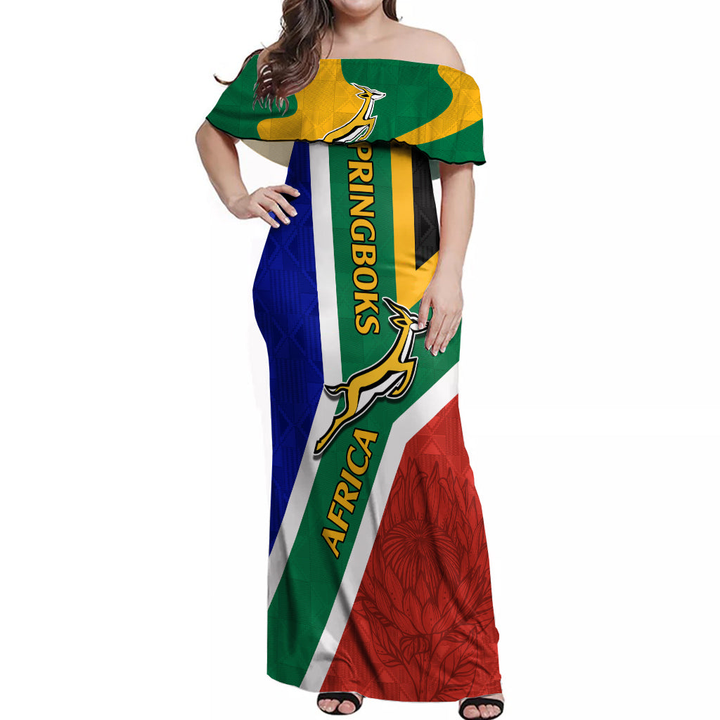 South Africa Springboks Off Shoulder Maxi Dress with Kente Pattern and South African Flag - Wonder Print Shop