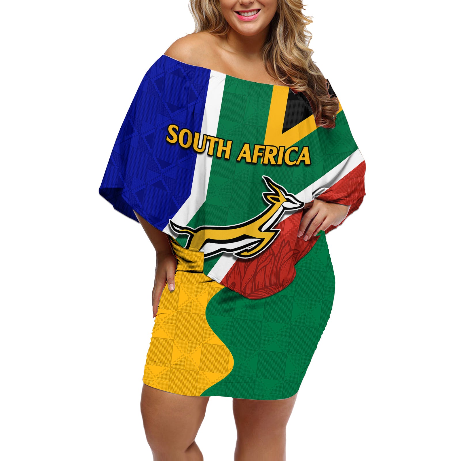 South Africa Springboks Off Shoulder Short Dress with Kente Pattern and South African Flag - Wonder Print Shop