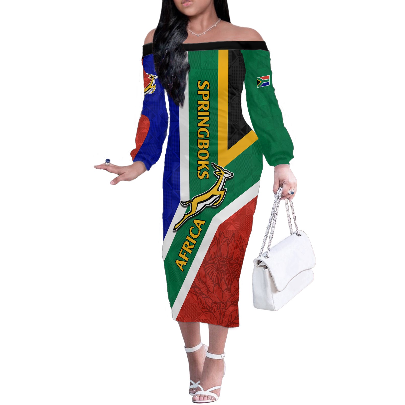 South Africa Springboks Off The Shoulder Long Sleeve Dress with Kente Pattern and South African Flag - Wonder Print Shop