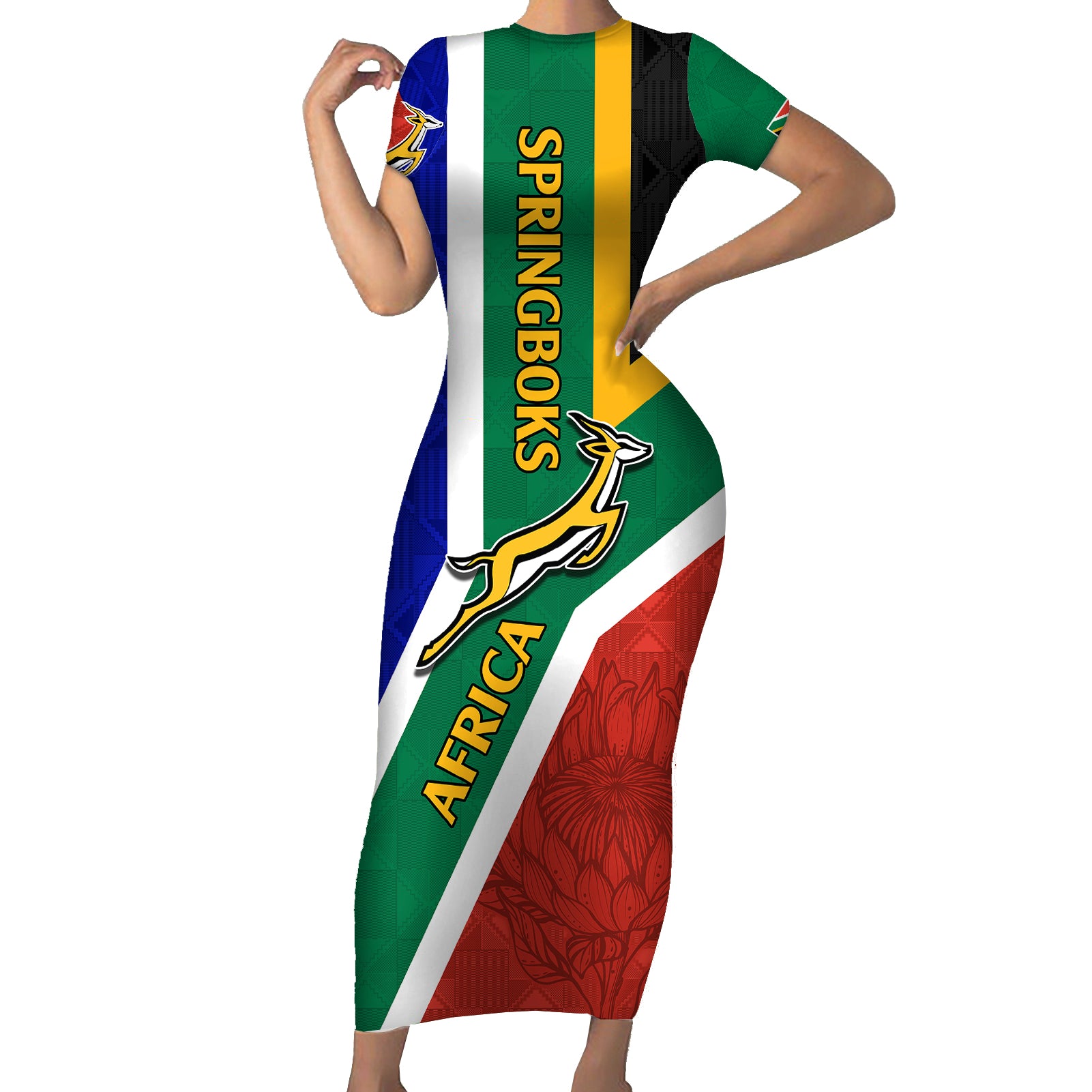 south-africa-springboks-short-sleeve-bodycon-dress-with-kente-pattern-and-south-african-flag