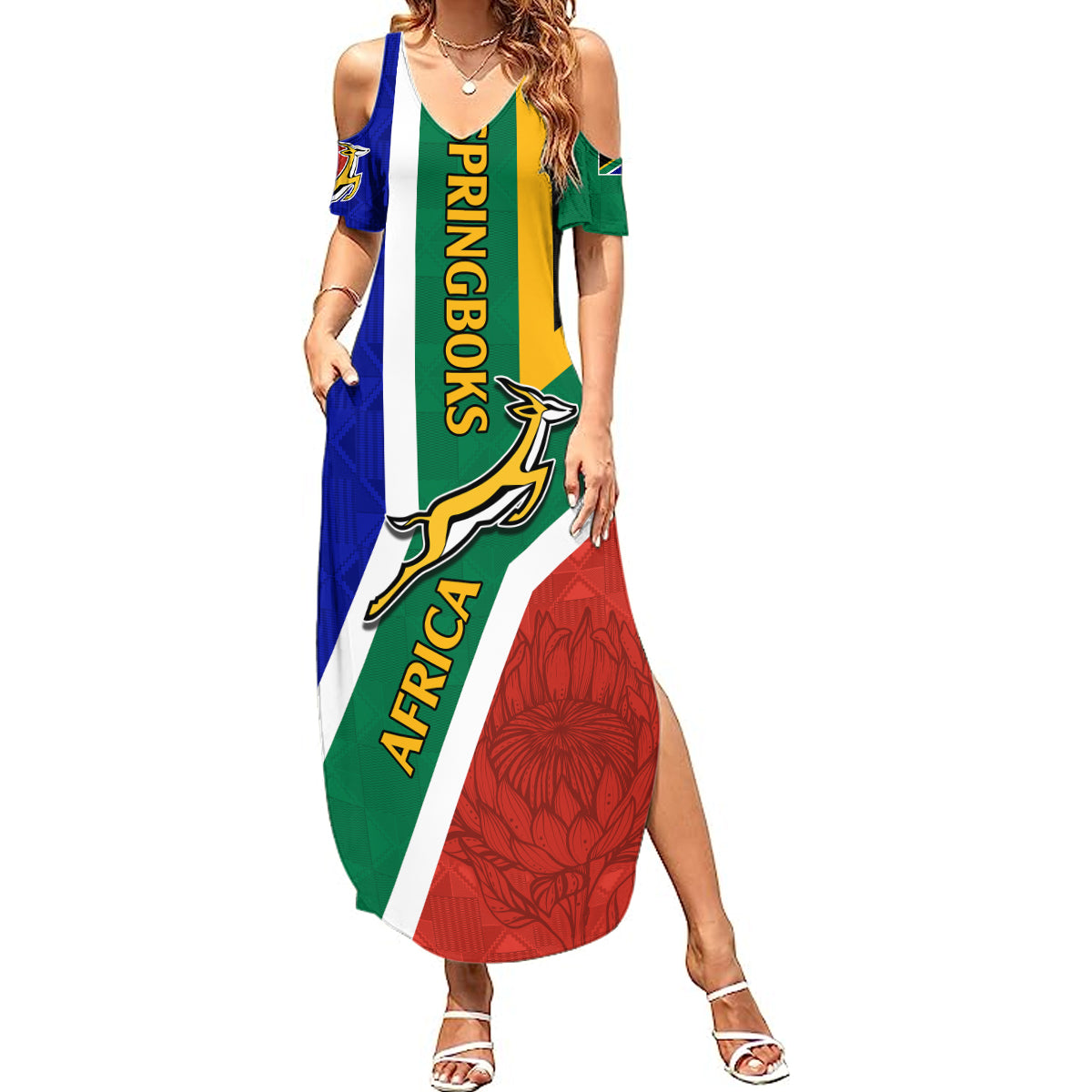 South Africa Springboks Summer Maxi Dress with Kente Pattern and South African Flag - Wonder Print Shop