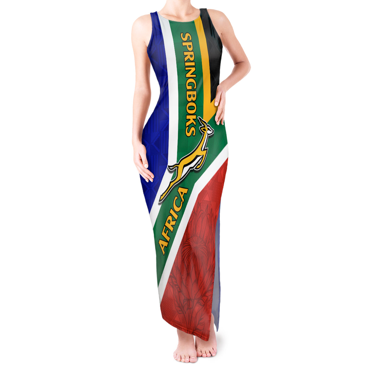 South Africa Springboks Tank Maxi Dress with Kente Pattern and South African Flag - Wonder Print Shop