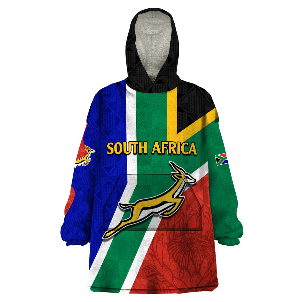 South Africa Springboks Wearable Blanket Hoodie with Kente Pattern and South African Flag - Wonder Print Shop