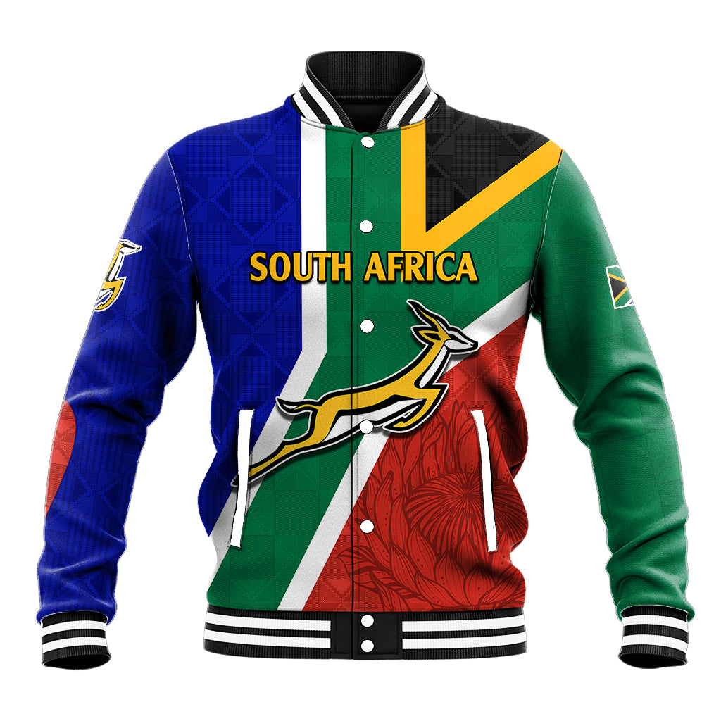 Unisex baseball jacket with South Africa flag color-blocking and springbok graphic, ribbed cuffs
