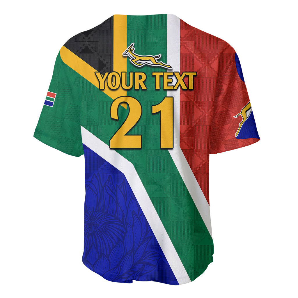 Baseball jersey, YOUR TEXT 21 number, V-neck button front, springbok logo, flag colors