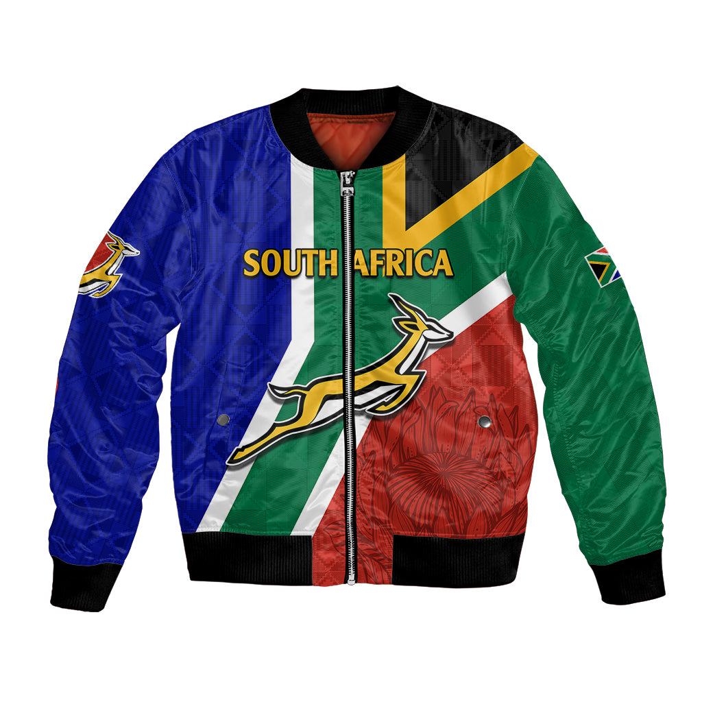 South Africa flag bomber jacket with full zip, ribbed cuffs, and sleeve emblems