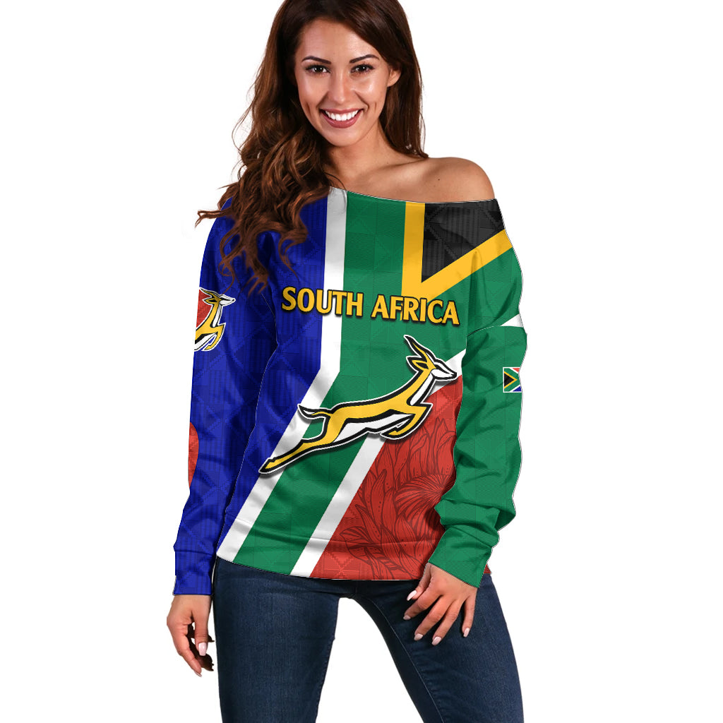 Custom South Africa Springboks Off Shoulder Sweater with Kente Pattern and South African Flag - Wonder Print Shop