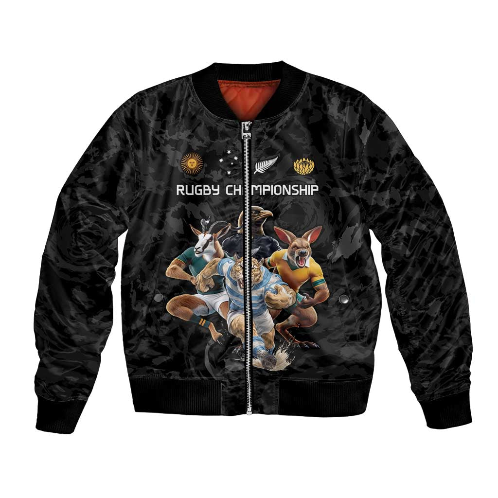 Black bomber jacket with front zipper and rugby championship graphic, ribbed cuffs