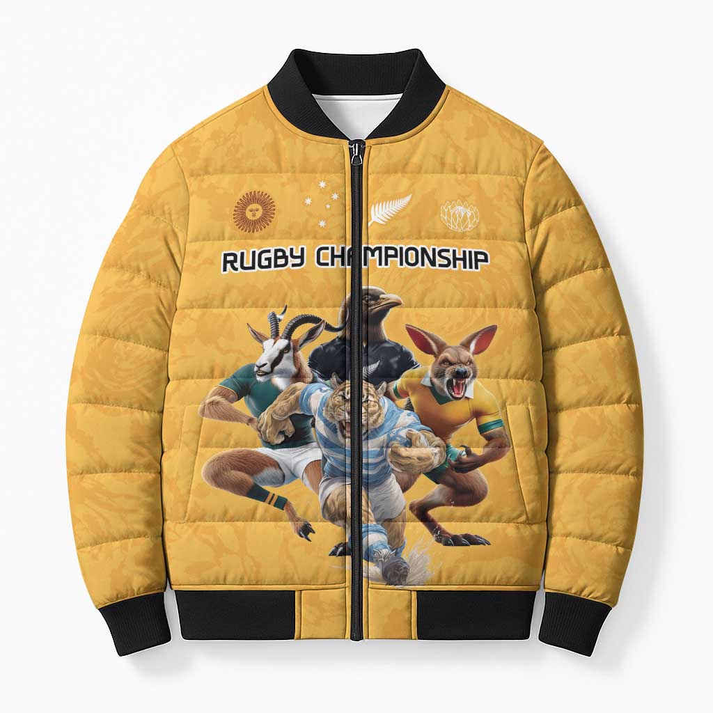 Custom Rugby Southern Hemisphere Bomber Puffer Jacket Argentina AUNZ South Africa Mascot Gold - Wonder Print Shop