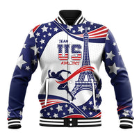 Blue and white varsity baseball jacket with stars and USA Athletics graphic, zip front