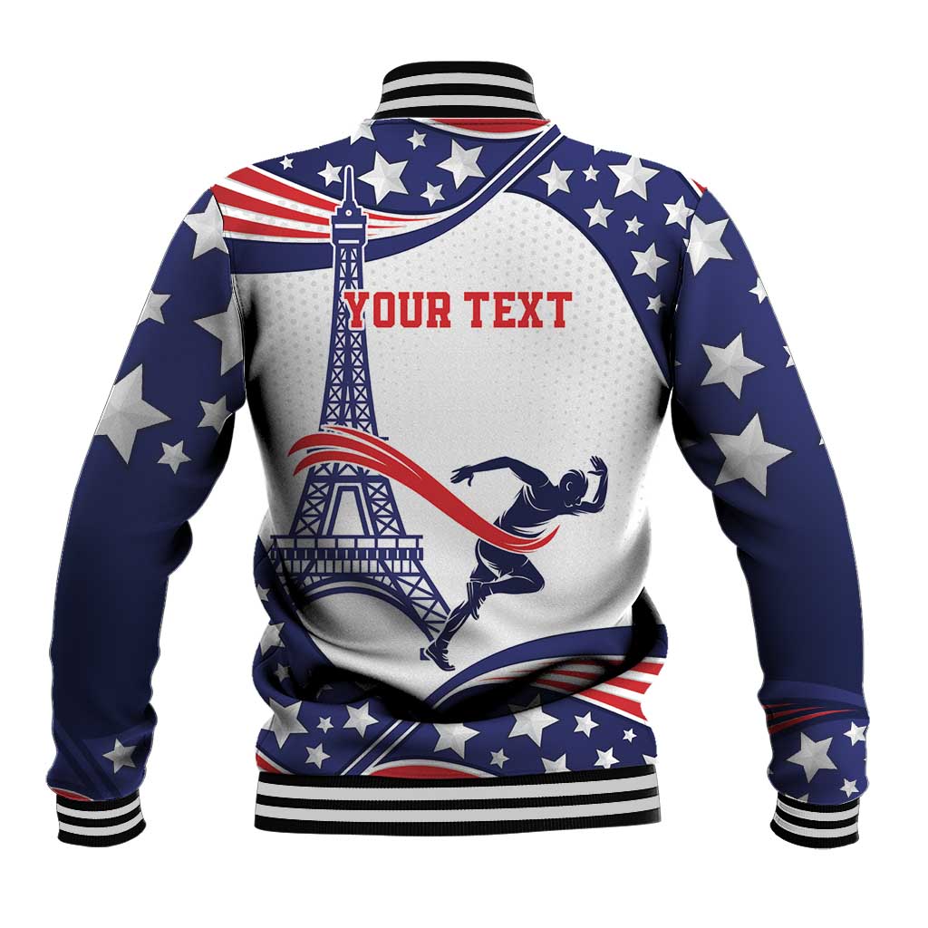 Blue and white baseball jacket with star print and custom text, ribbed collar and cuffs
