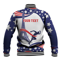 Blue and white baseball jacket with star print and custom text, ribbed collar and cuffs