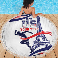 Round fringed beach blanket with USA athlete, Eiffel Tower, and YOUR TEXT print