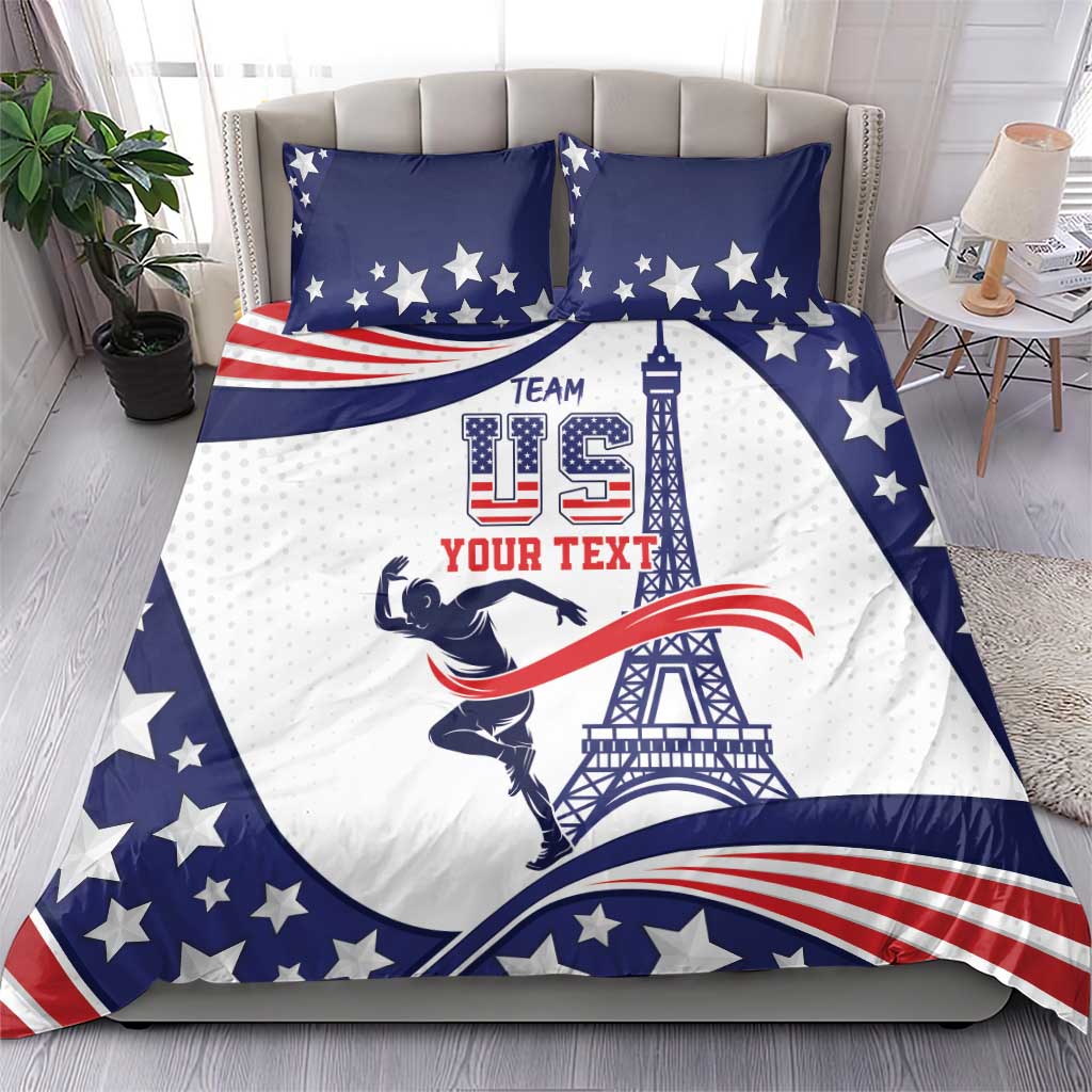 USA patriotic bedding set with blue stars, red stripes, and “YOUR TEXT” design on comforter