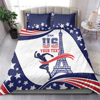 USA patriotic bedding set with blue stars, red stripes, and “YOUR TEXT” design on comforter