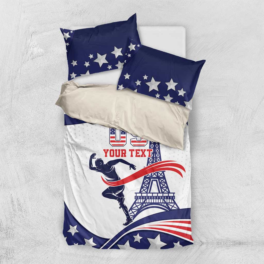 USA-themed bedding set with blue star pillows and white comforter with “YOUR TEXT”