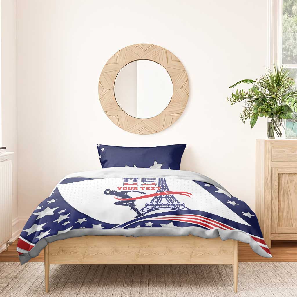 USA patriotic bedding set with blue star comforter and pillowcases on wooden bed frame