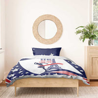USA patriotic bedding set with blue star comforter and pillowcases on wooden bed frame