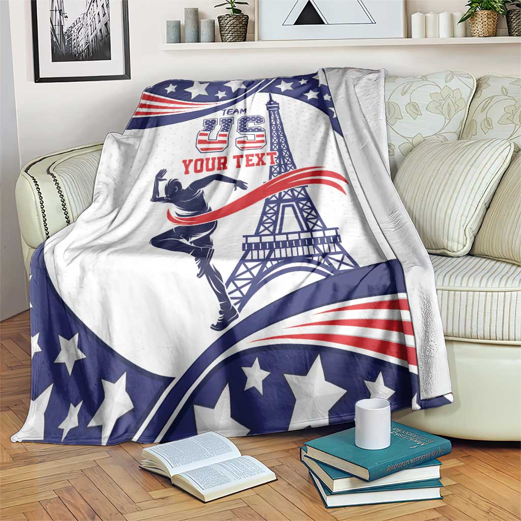 Personalized USA sports blanket with star accents, bull figure, and Eiffel Tower graphic
