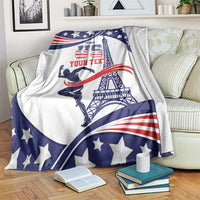 Personalized USA sports blanket with star accents, bull figure, and Eiffel Tower graphic