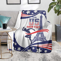 Personalized USA sports blanket with bold blue stars and red-and-white ribbon lines