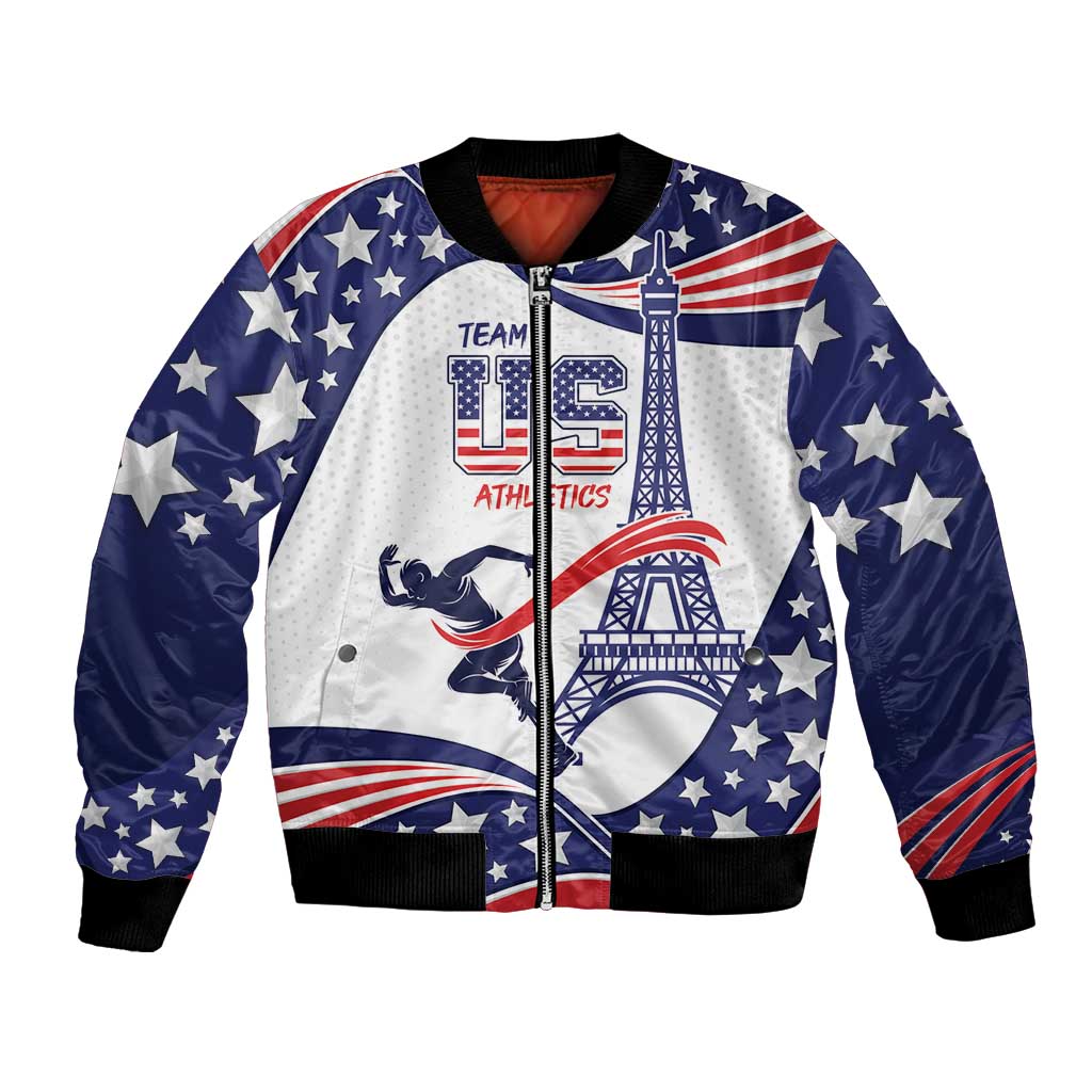 Blue bomber jacket with zip front, star pattern and USA-themed graphic, ribbed hem