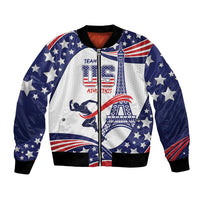 Blue bomber jacket with zip front, star pattern and USA-themed graphic, ribbed hem